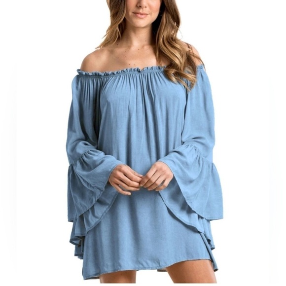 Elan soft lightweight off shoulder beachy flare sleeve tunic blouse mini dress - Picture 3 of 7